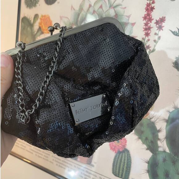 Rare Betsey Johnson y2k Black Sequined Chain-Strap Mini Purse with Cute Bow - Picture 3 of 5